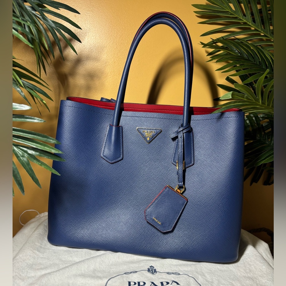 PRADA Saffiano Cuir Medium Leather Double Tote Bag Gold-toned HardwareLIKE NEW!